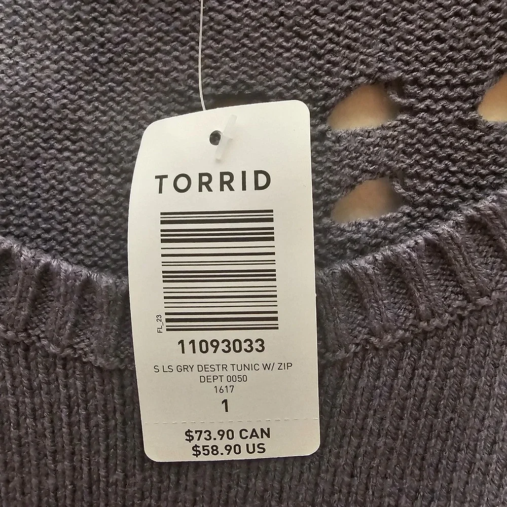 Torrid Women 1X Gray Sweater Zipper Detail Edgy Dark Academia Broken-in Knit Top